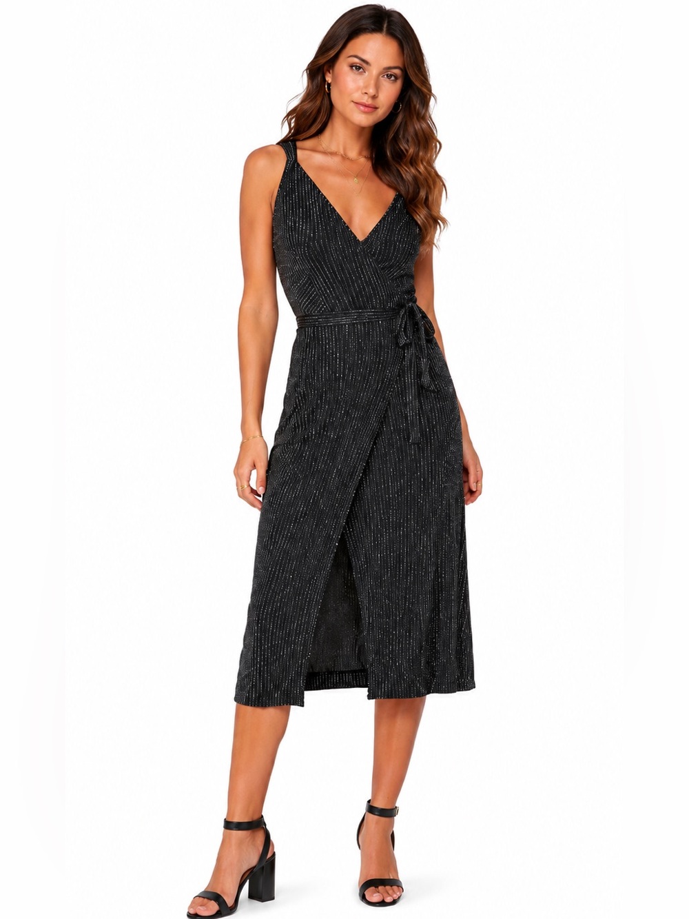 Paige Marina Sleeveless Wrap Dress MEDIUM Black Silver Lurex Sparkle Minimalist